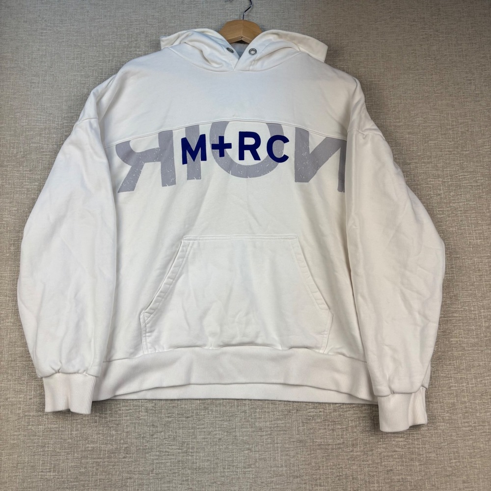 MRC Noir M+RC White Hoodie Distressed Logo Streetwear Mens Medium